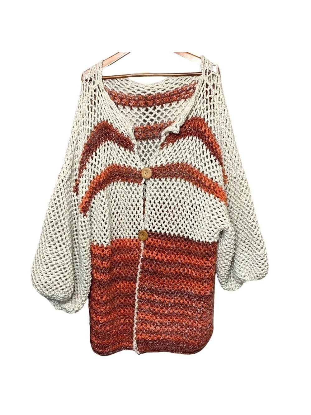 Handmade Chunky Heavy Knit Cardigan Sweater Beige Rust Brown Boho Slouchy O/S - Picture 2 of 9